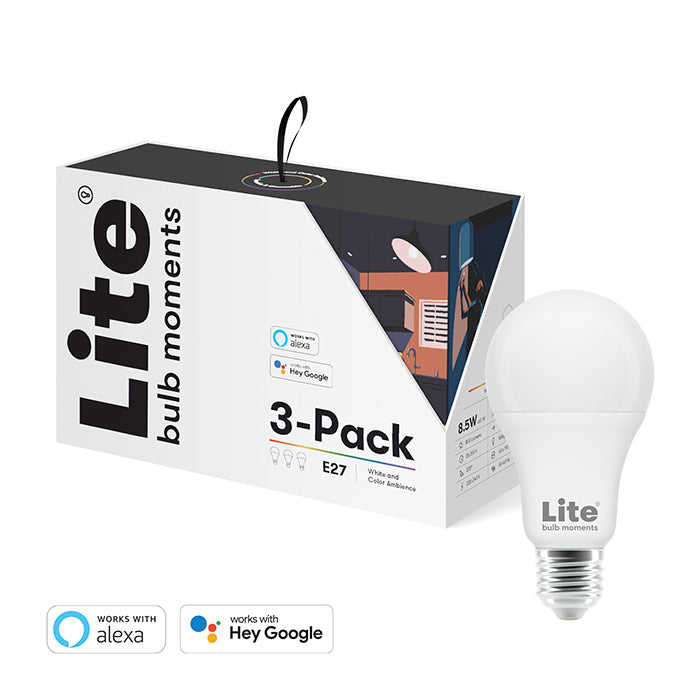 [مفتوح العلبة] مصباح لايت لوب مومنت A60 RGB LED، 2700-6500 كلفن، قاعدة E27، 8.5 واط، واي فاي وبلوتوث - عبوة من 3 مصابيح - أبيض