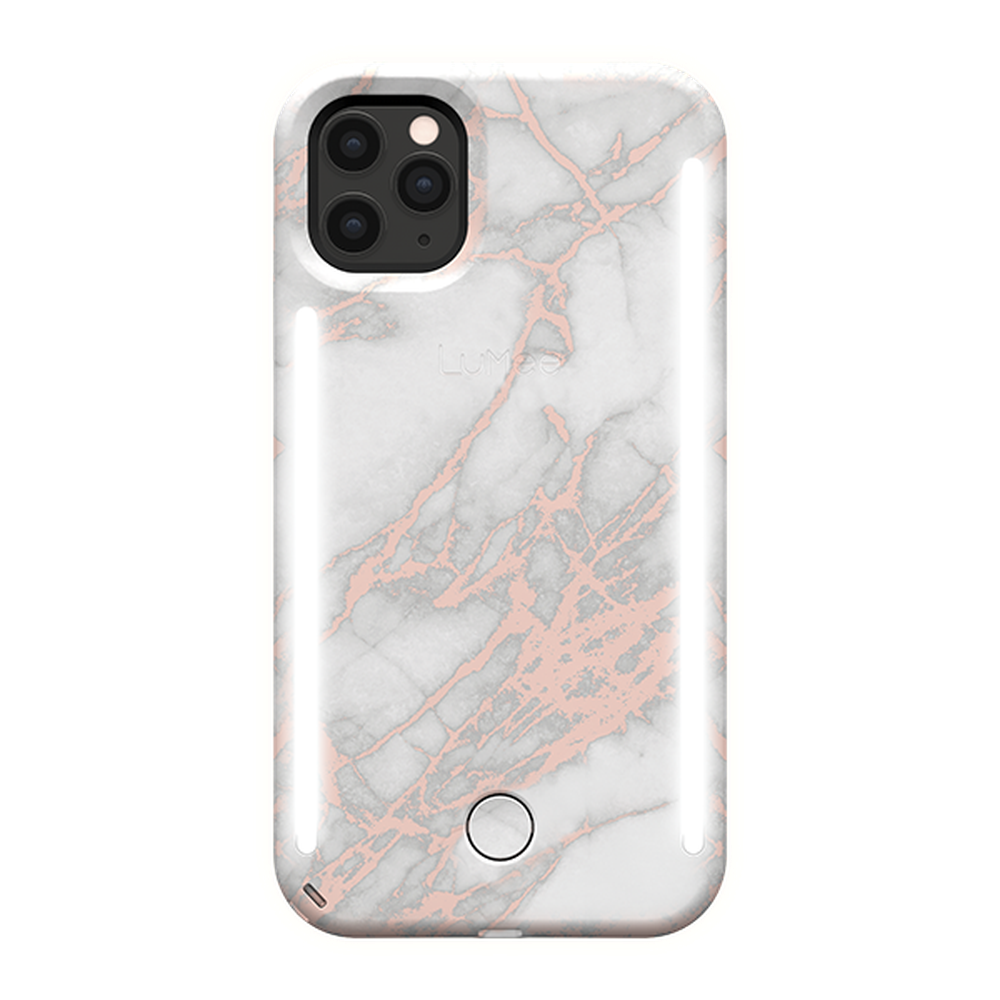 LUMEE Duo Phone Case with Selfie Light for iPhone 11 Pro - Metallic Marble - White Rose Gold