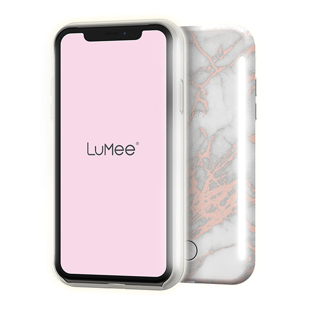 LUMEE Duo Phone Case with Selfie Light for iPhone 11 Pro - Metallic Marble - White Rose Gold