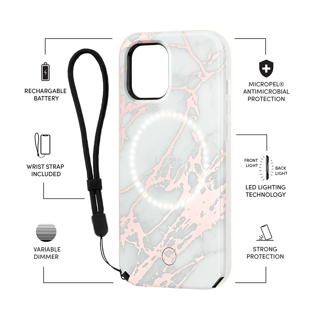 LUMEE Halo Selfie Light Case for iPhone 12 Pro Max - Rose Gold White Marble