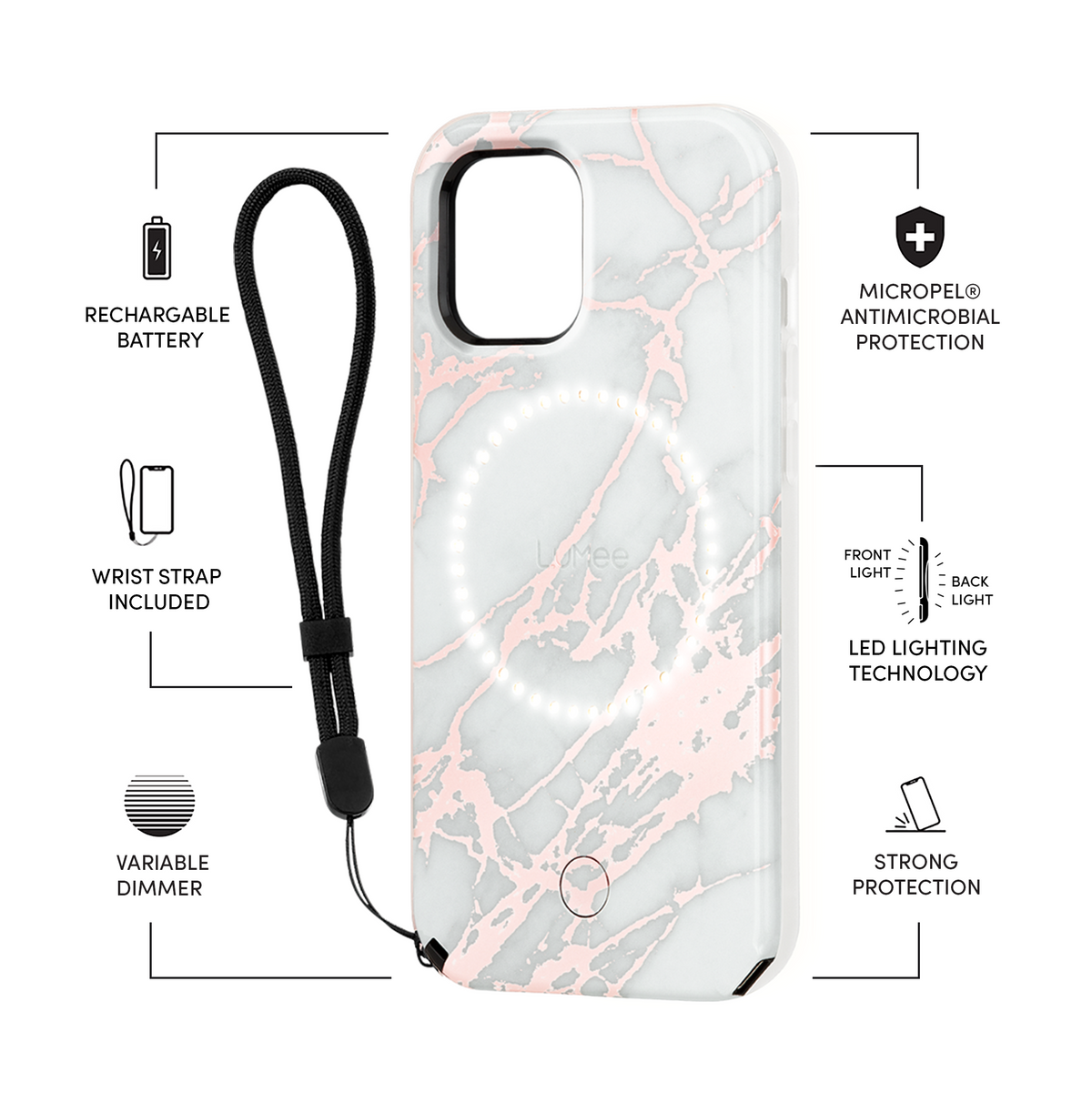[OPEN BOX] LUMEE iPhone 12/12 Pro - Halo Selfie Light Case - Rose Gold White Marble