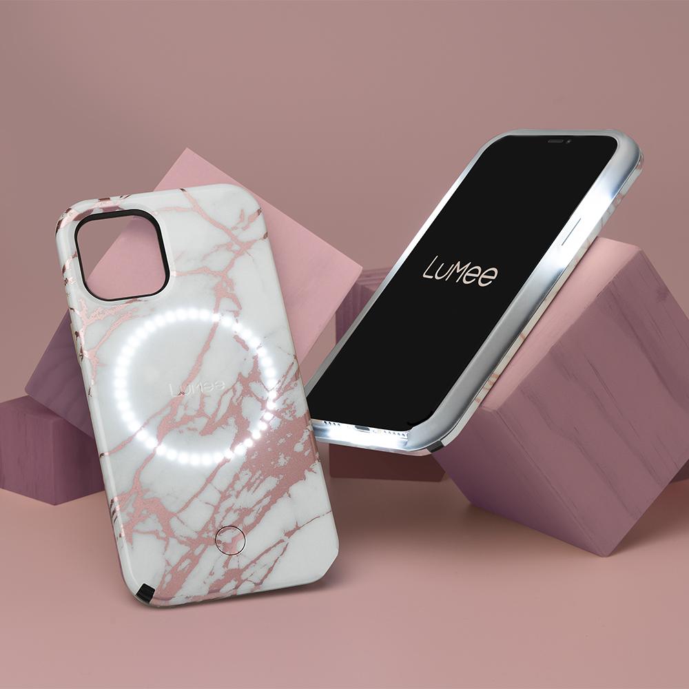 LUMEE iPhone 12 Mini - Halo Selfie Light Case - Rose Gold White Marble