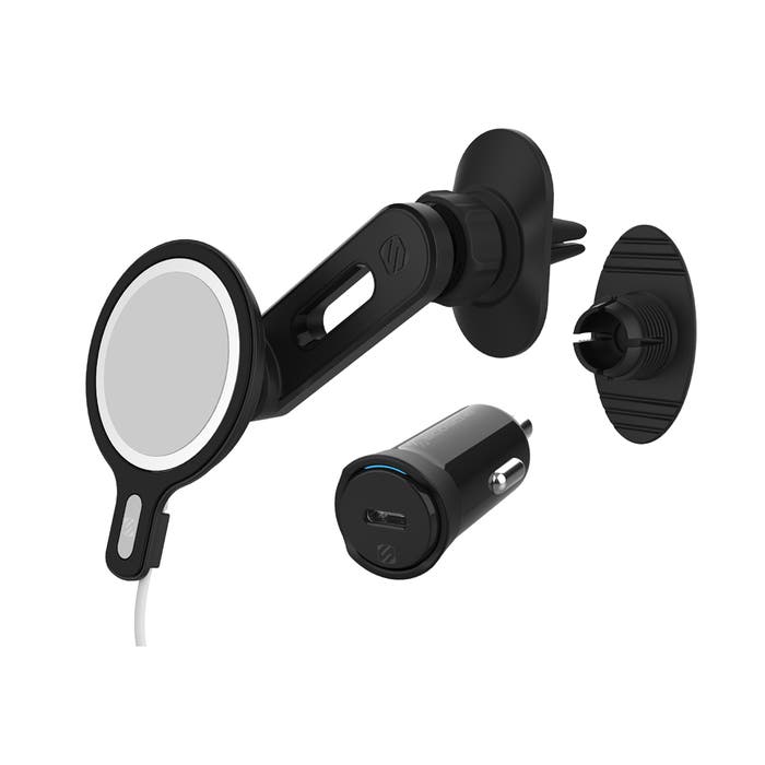 حامل سكوش السحري لـ Magsafe 4 في 1 (فتحة التهوية - لوحة القيادة - متأرجح) + شاحن سيارة PD بقوة 20 واط - أسود