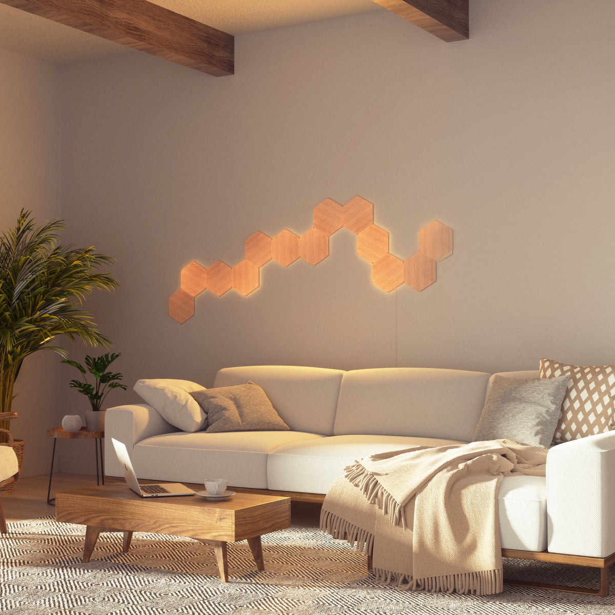 NANOLEAF Elements Hexagons Starter Kit Birchwood - Smart WiFi LED Panel System w/ Music Visualizer - 13 Pack - EU/UK