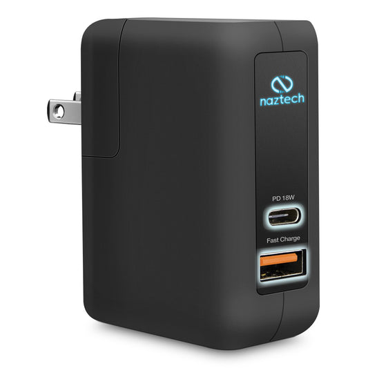 شاحن NAZTECH فائق السرعة USB-A بقوة 18 واط بتقنية USB-C للشحن السريع التكيفي وتقنية USB-C للشحن السريع - أسود 
