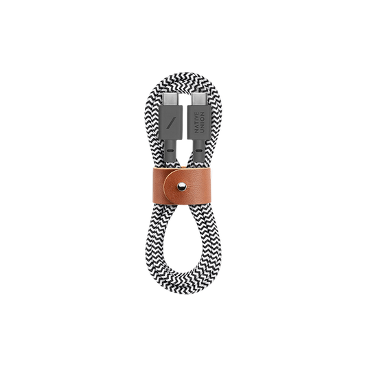 Native Union BELT USB-C to USB-C Cable 4Ft - Braided Nylon PD Cable, w/ Leather Strap, for Apple MacBooks Air/Pro, iPad Pro, Samsung Galaxy S & Note series and more - Zebra