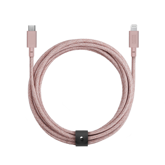 Native Union BELT USB-C to LIGHTNING Cable 10Ft - Braided Nylon PD Cable, w/ Leather Strap, for Apple iPhone 12/Pro/Max, 11/Pro/Max, XS/XR/X/Max, 8/8 Plus, iPad/iPad Air - Rose