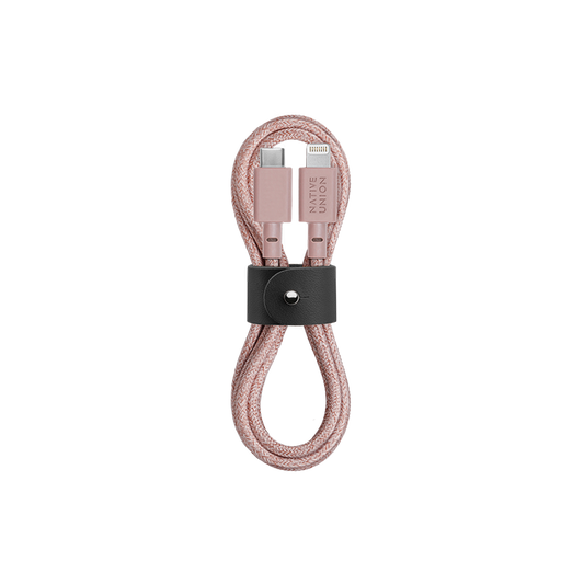 Native Union BELT USB-C to LIGHTNING Cable 4Ft - Braided Nylon PD Cable, w/ Leather Strap, for Apple iPhone 12/Pro/Max, 11/Pro/Max, XS/XR/X/Max, 8/8 Plus, iPad/iPad Air - Rose
