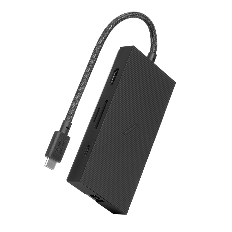 محول NATIVE UNION الذكي من النوع C، 7 في 1، مزود بمنفذي USB 3.0، ومنفذ USB-C PD، ومنفذ HDMI، ومنفذ Micro SD، وقارئ بطاقات SD، ومنفذ إيثرنت - رمادي داكن