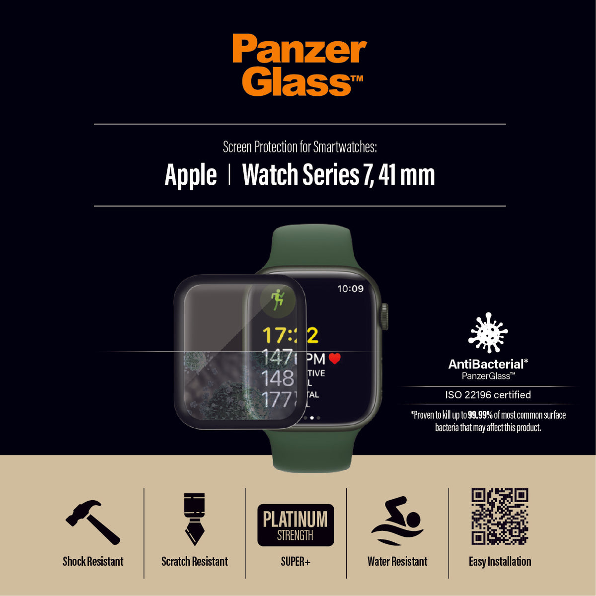 PANZERGLASS Apple Watch Series 7/8 41mm Screen Protector Glass Super Plus - Black Frame - Clear