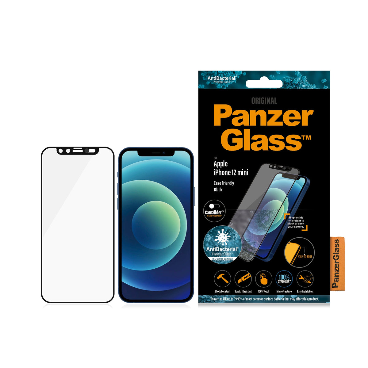 [OPEN BOX] PANZERGLASS iPhone 12 Mini - Cam Slider Black Frame w/ Anti-Microbial Screen Protector - Clear