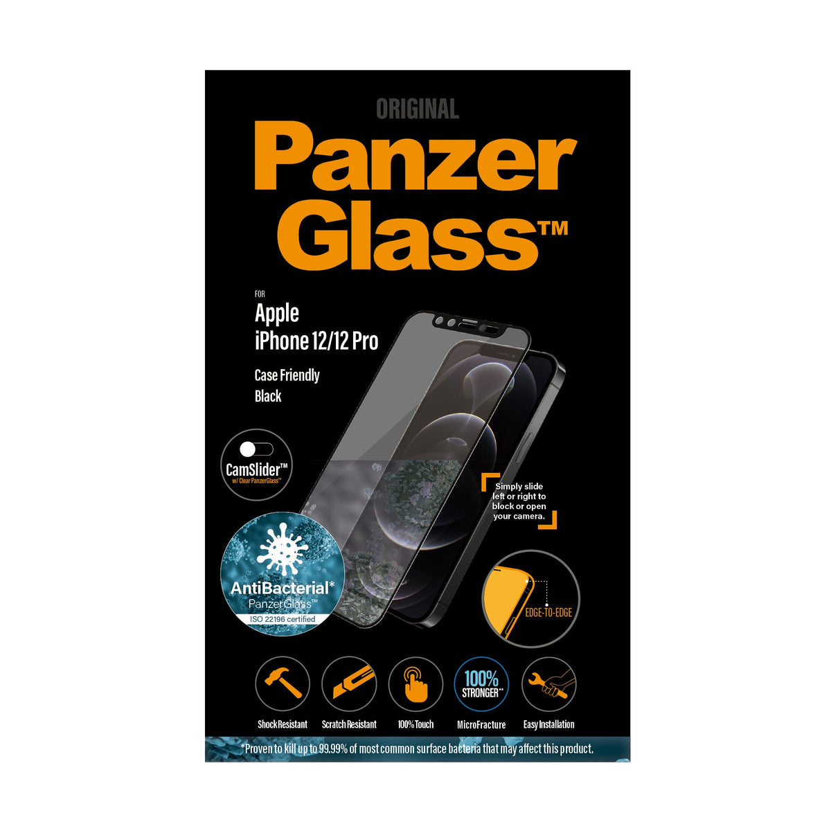[OPEN BOX] PANZERGLASS iPhone 12/12 Pro - Cam Slider Black Frame w/ Anti-Microbial Screen Protector - Clear