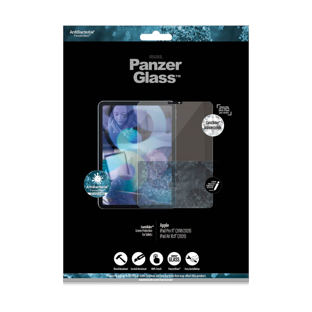 PANZERGLASS iPad Pro 11&quot; 21/20/18 &amp; iPad Air 2020 Screen Protector Cam Slider w/ Real Swarovski Crystal - Clear w/ Black Frame