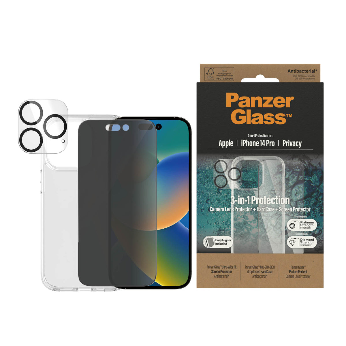 PANZERGLASS iPhone 14 Pro - 3-in-1 Bundle - ClearCase + Privacy Screen Protector + Camera Lens Protector - Clear