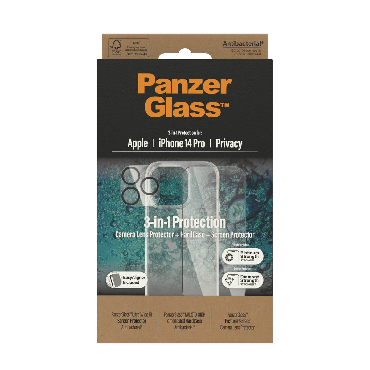 PANZERGLASS iPhone 14 Pro - 3-in-1 Bundle - ClearCase + Privacy Screen Protector + Camera Lens Protector - Clear
