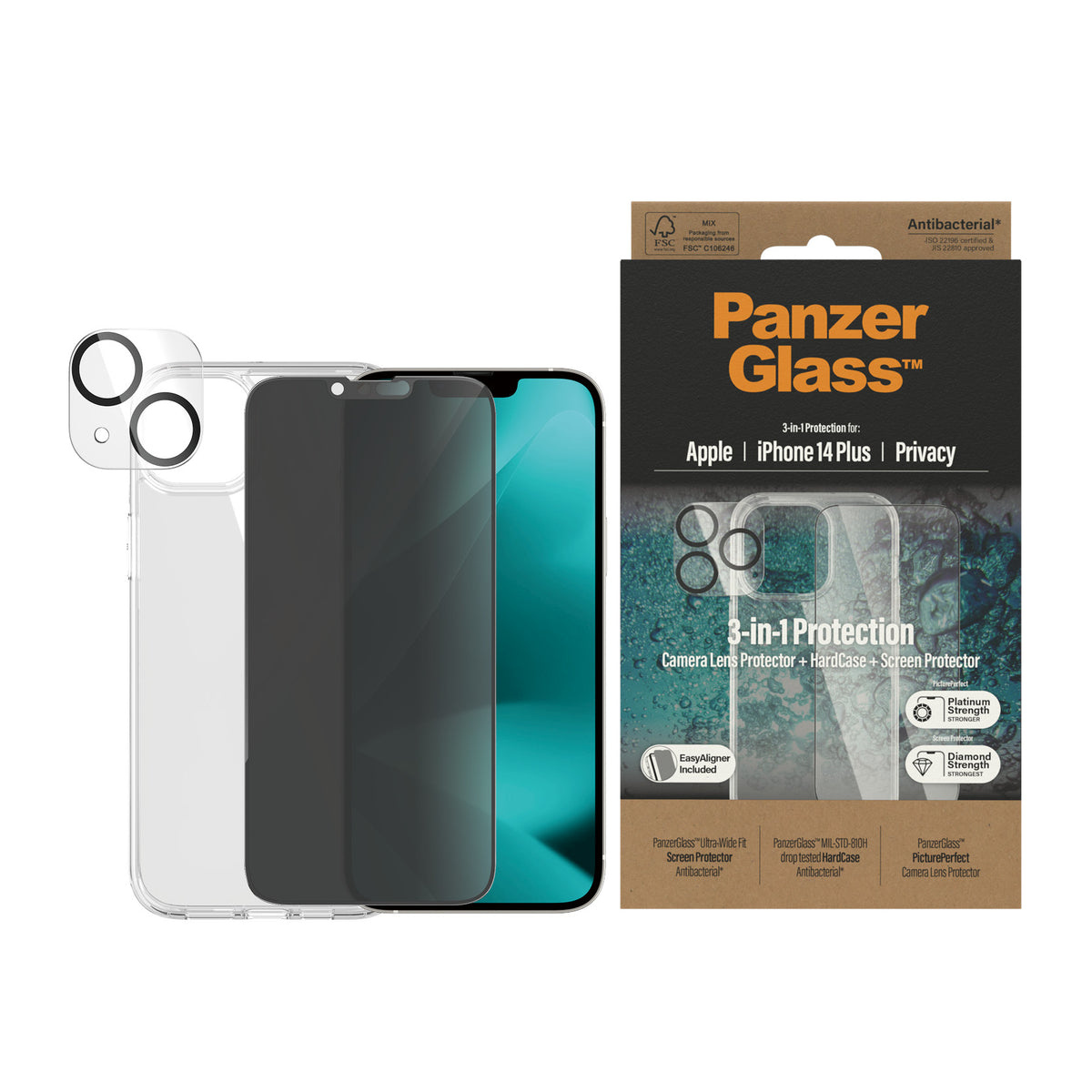 PANZERGLASS iPhone 14 Plus - 3-in-1 Bundle - ClearCase + Privacy Screen Protector + Camera Lens Protector - Clear