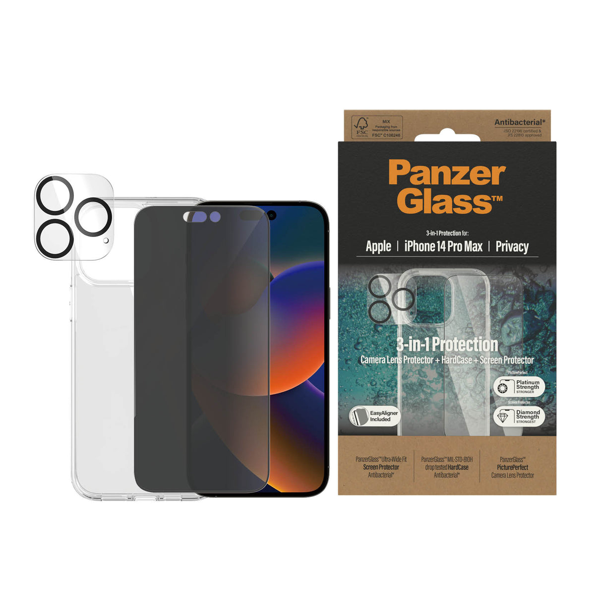 PANZERGLASS iPhone 14 Pro Max - 3-in-1 Bundle - ClearCase + Privacy Screen Protector + Camera Lens Protector - Clear