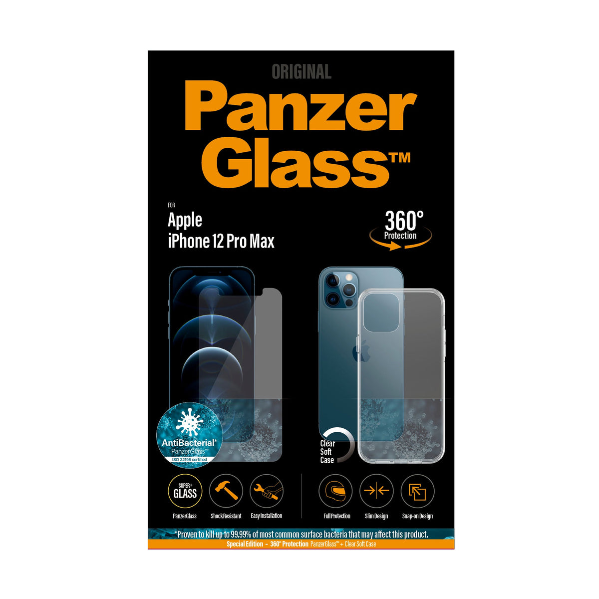 [OPEN BOX] PANZERGLASS iPhone 12 Pro Max - Clear Case with  Screen Protector Bundle - Full Protection Treated w/ Anti-Microbial