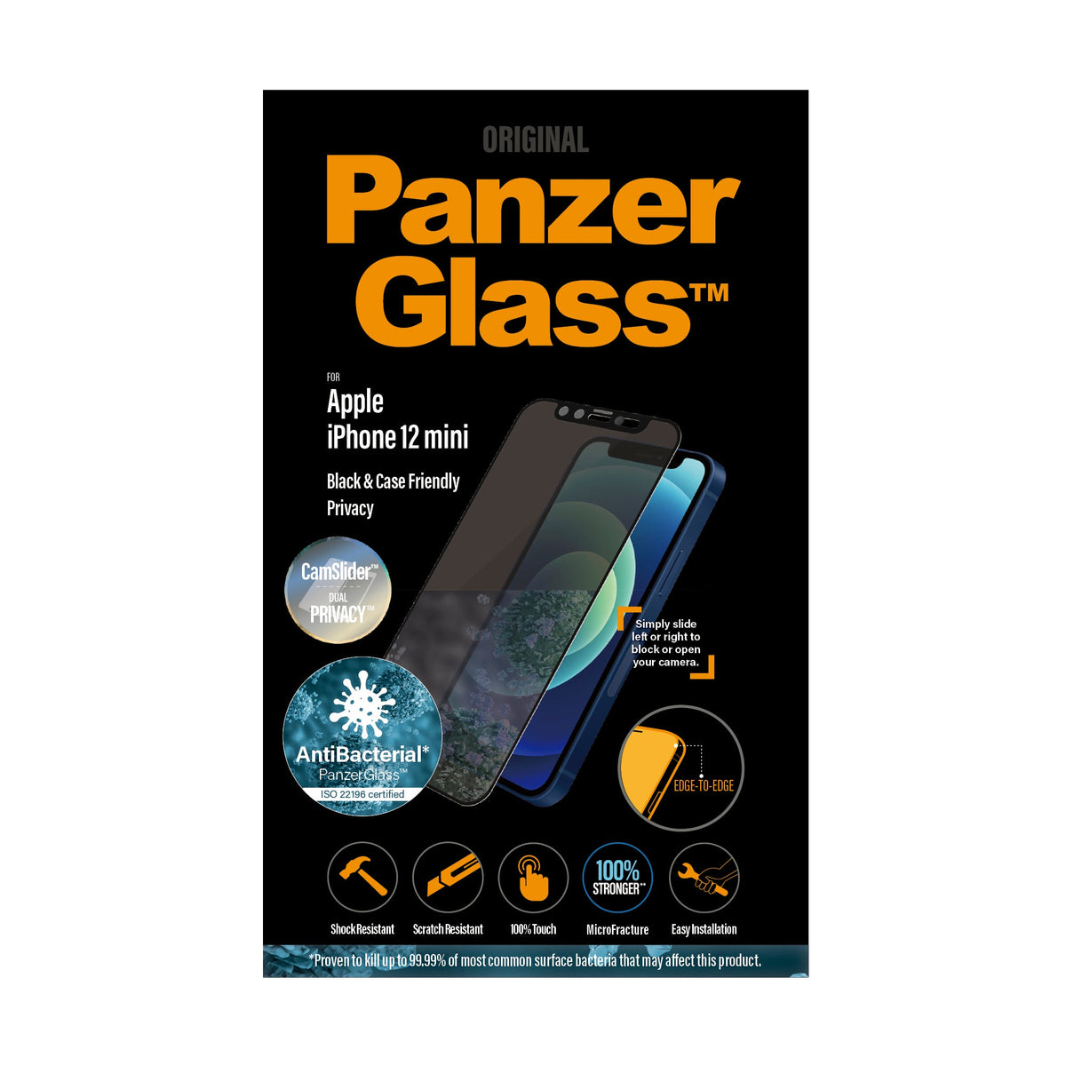 [OPEN BOX] PANZERGLASS iPhone 12 Mini - Cam Slider Black Frame w/ Anti-Microbial Screen Protector - Privacy