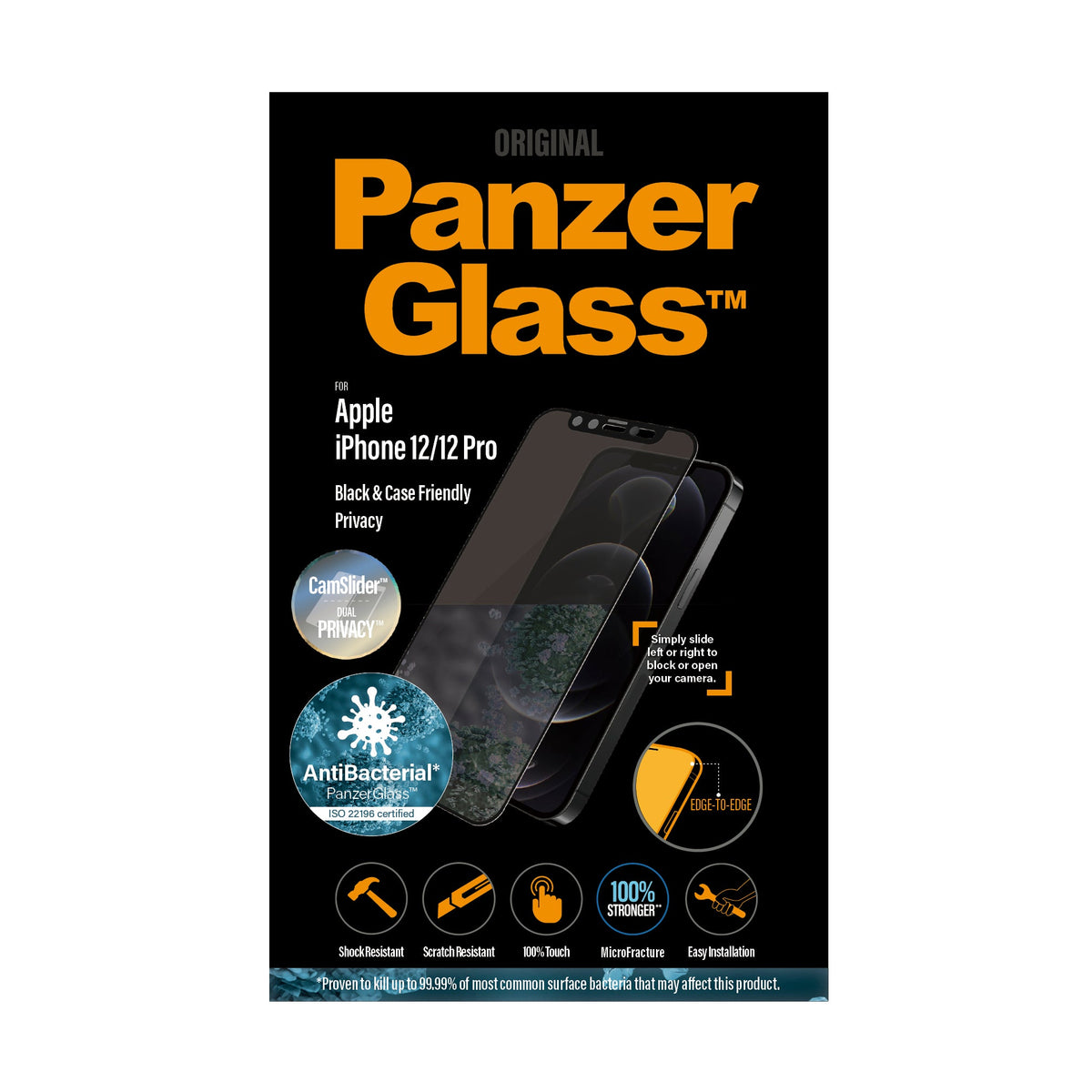 [OPEN BOX] PANZERGLASS iPhone 12/12 Pro - Cam Slider Black Frame w/ Anti-Microbial Screen Protector - Privacy