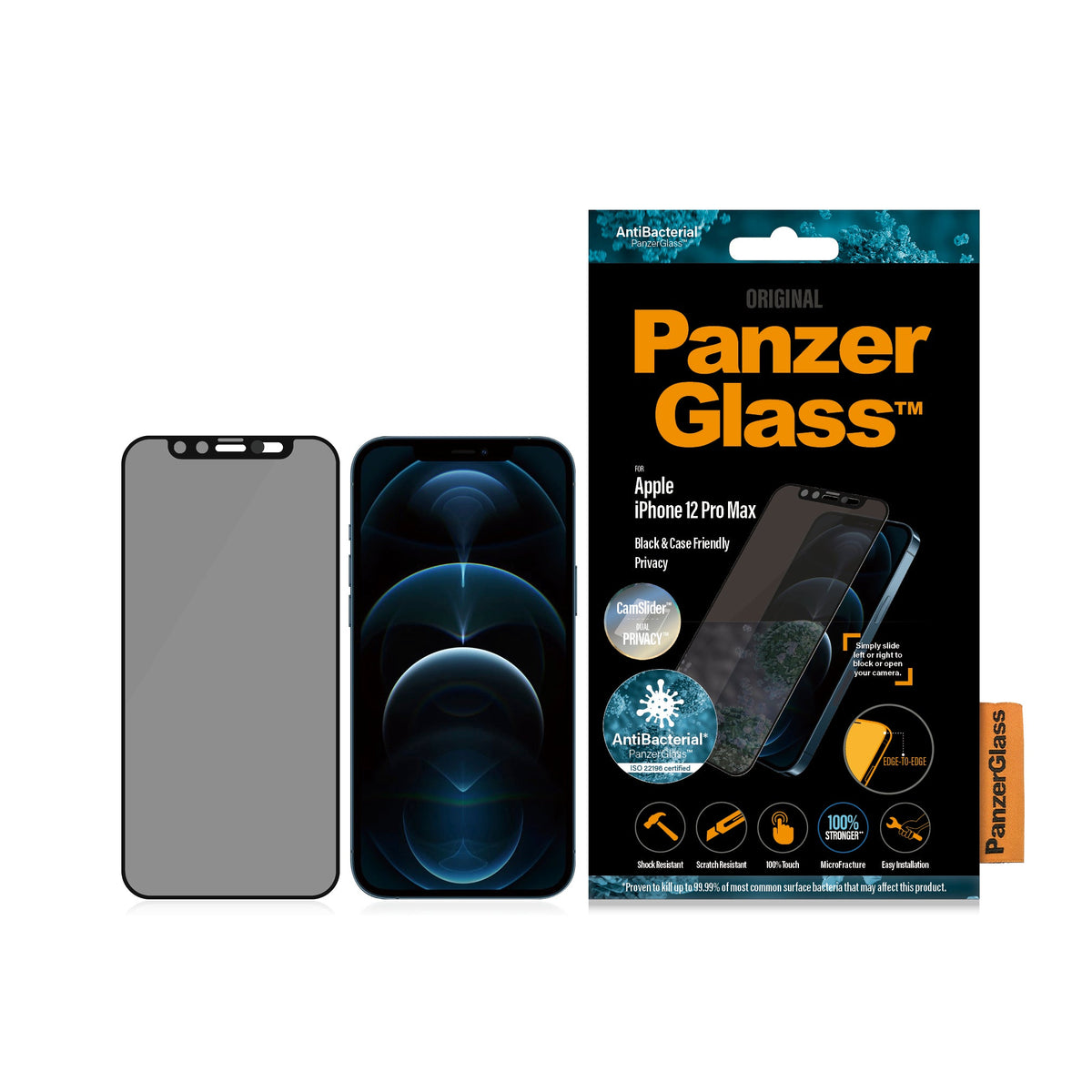 [OPEN BOX] PANZERGLASS iPhone 12 Pro Max - Cam Slider Black Frame w/ Anti-Microbial Screen Protector - Privacy