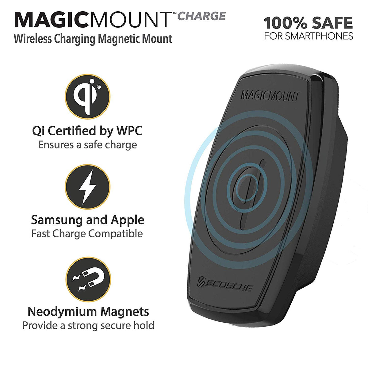 SCOSCHE MagicMount Charge 10W Magnetic Qi-Certified Freeflow Smartphone Vent Mount Charger