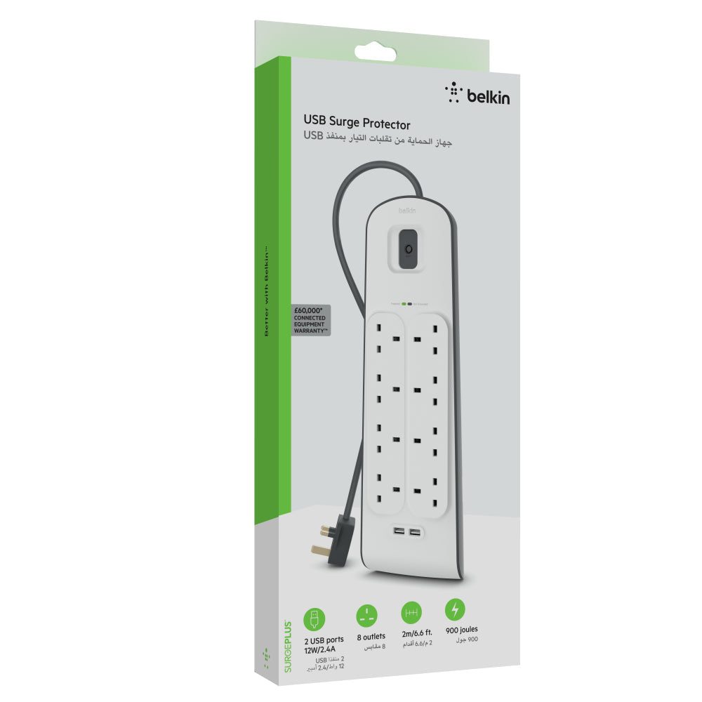 [OPEN BOX] BELKIN Surge Protector - 8 outputs - 2 USB Ports - 2M - White