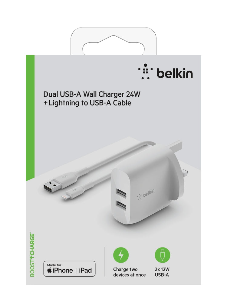 BELKIN BosstCharge Dual USB-A Wall Charger (24W) + Lightning Cable 1M - White
