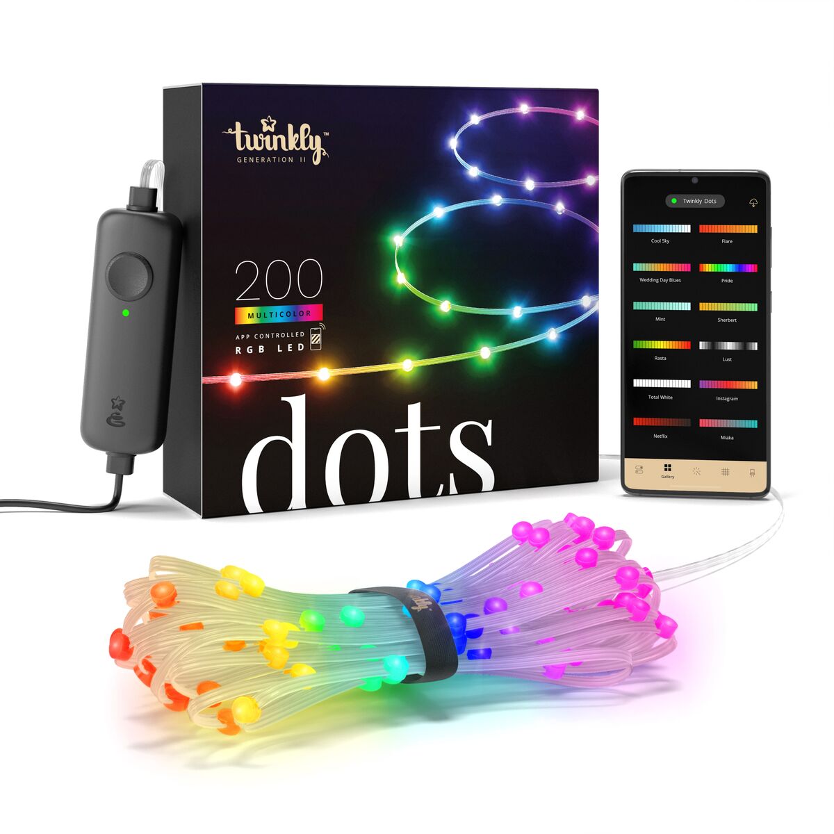 مجموعة TWINKLY DOTS للمبتدئين، 10 أمتار - 200 مصباح LED، سلسلة إضاءة LED RGB يتم التحكم بها عبر تطبيق، الجيل الثاني - شفافة