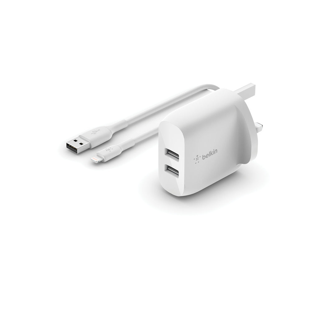 BELKIN BosstCharge Dual USB-A Wall Charger (24W) + Lightning Cable 1M - White