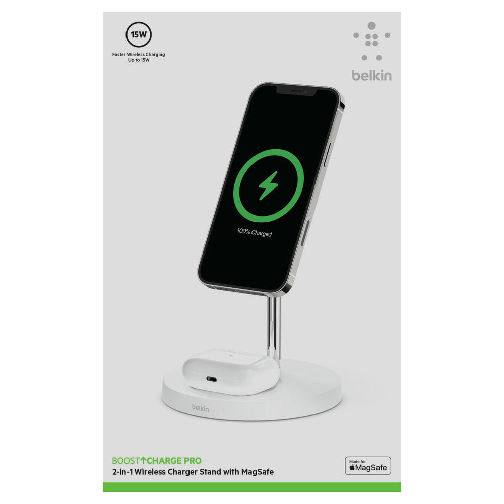 [OPEN BOX] BELKIN BoostCharge Pro MagSafe 2-in-1 with 15W Wireless Charger Stand - UK - White