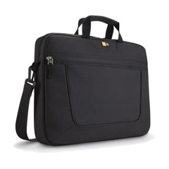 Black laptop bag with front zipper pocket, carrying handles, and shoulder strap