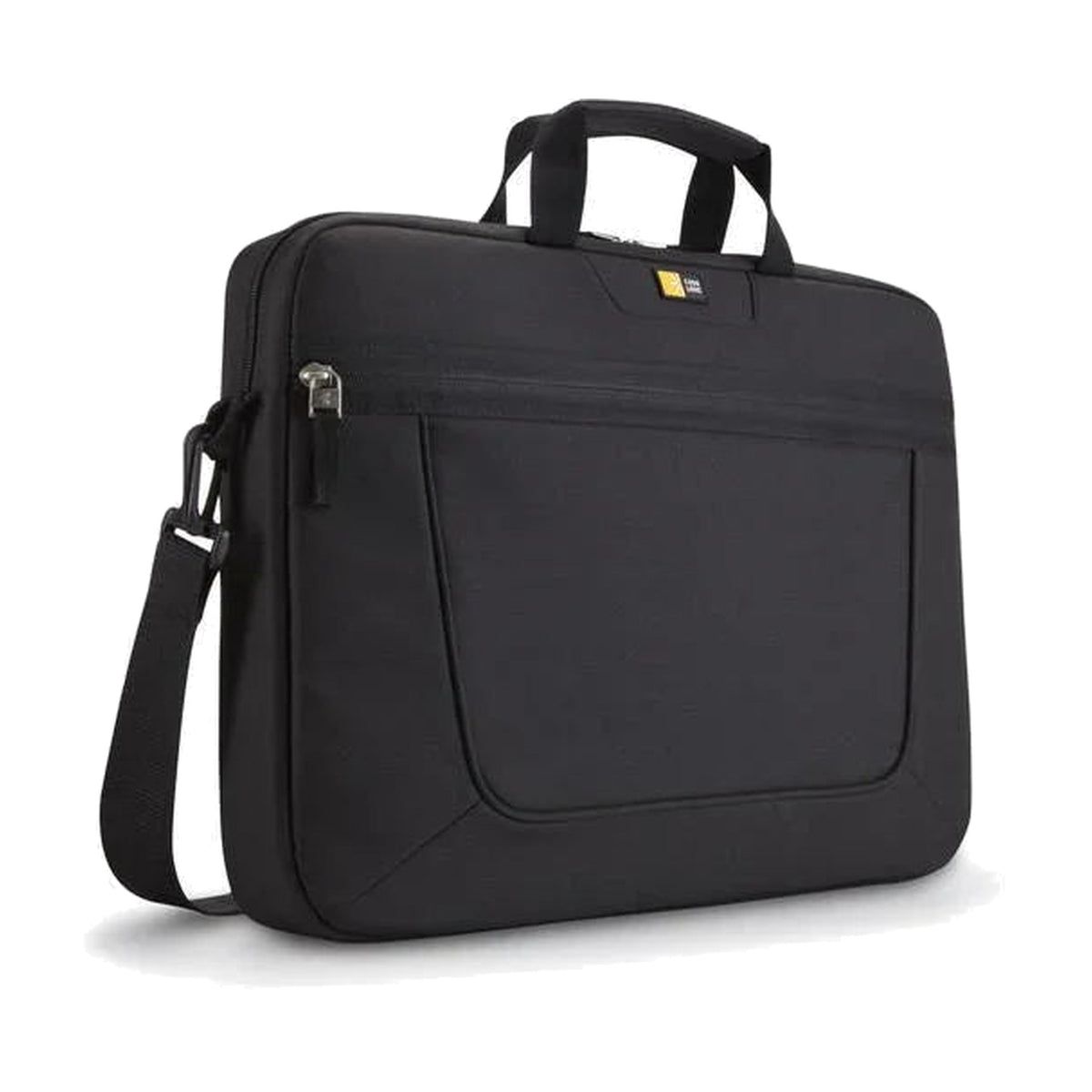 Black laptop bag with front zipper pocket, carrying handles, and shoulder strap