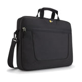 Black laptop bag with front zipper pocket, carrying handles, and shoulder strap